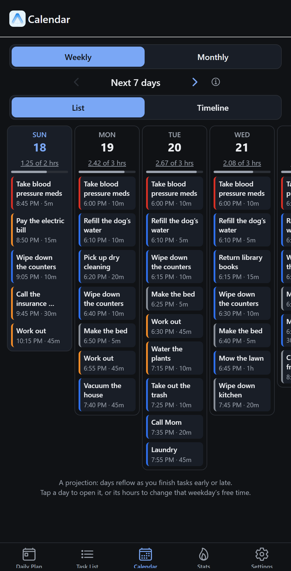 The next seven days, each with its planned tasks