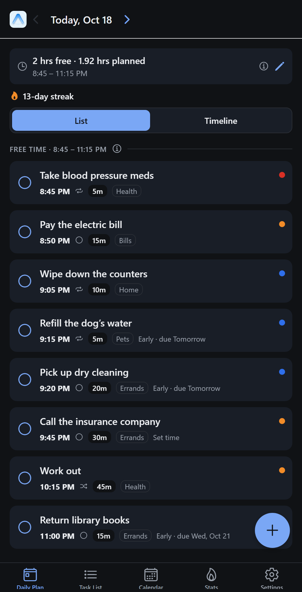 DuNow's Daily Plan: tasks laid out between 6 and 8 PM, each with a start time